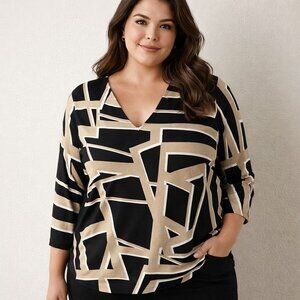 Chico's Size 4 XXL Black Tan Abstract Geometric V Neck 3/4 Sleeve Top Stretch